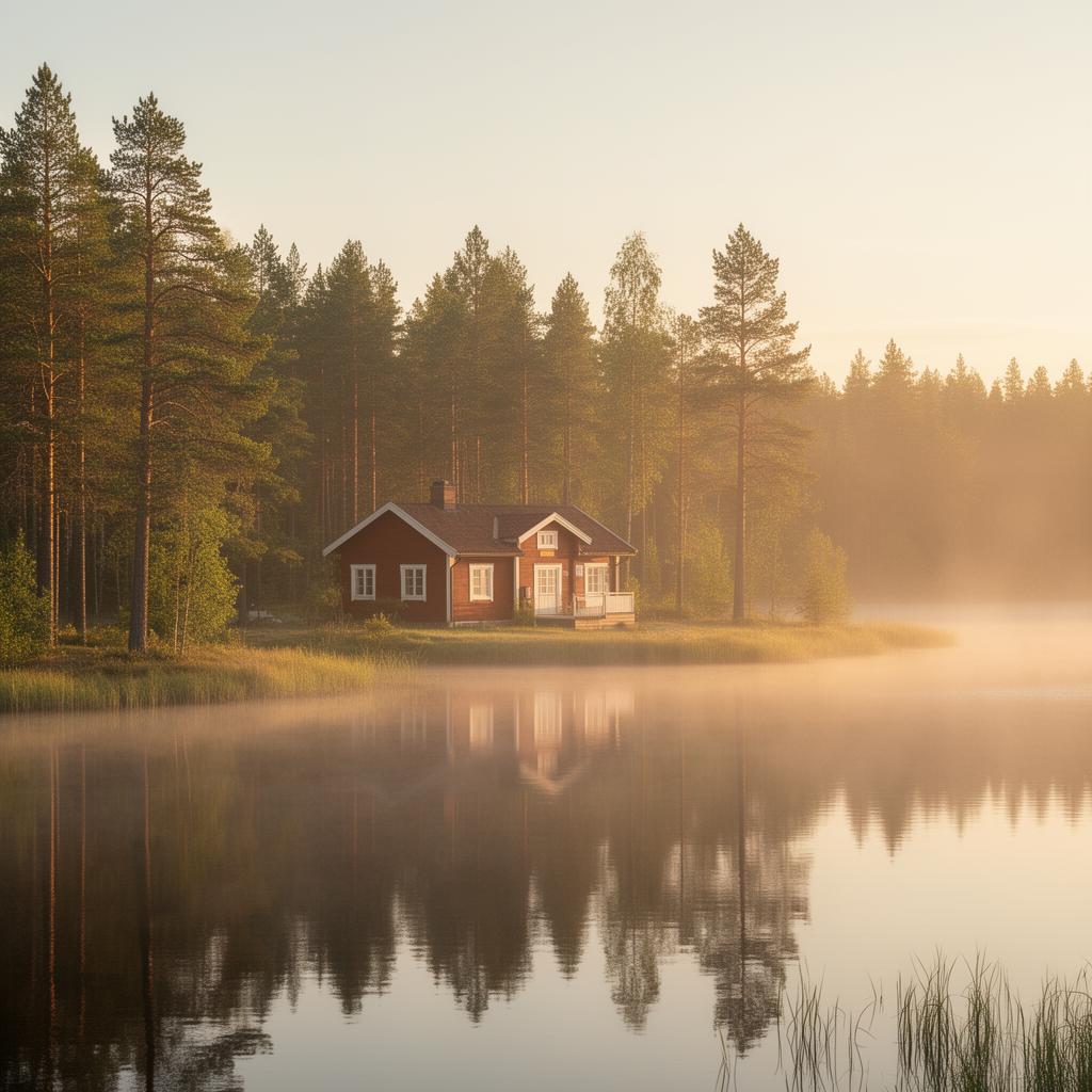 Stilla svensk sjö och rödmålad stuga i morgonljus